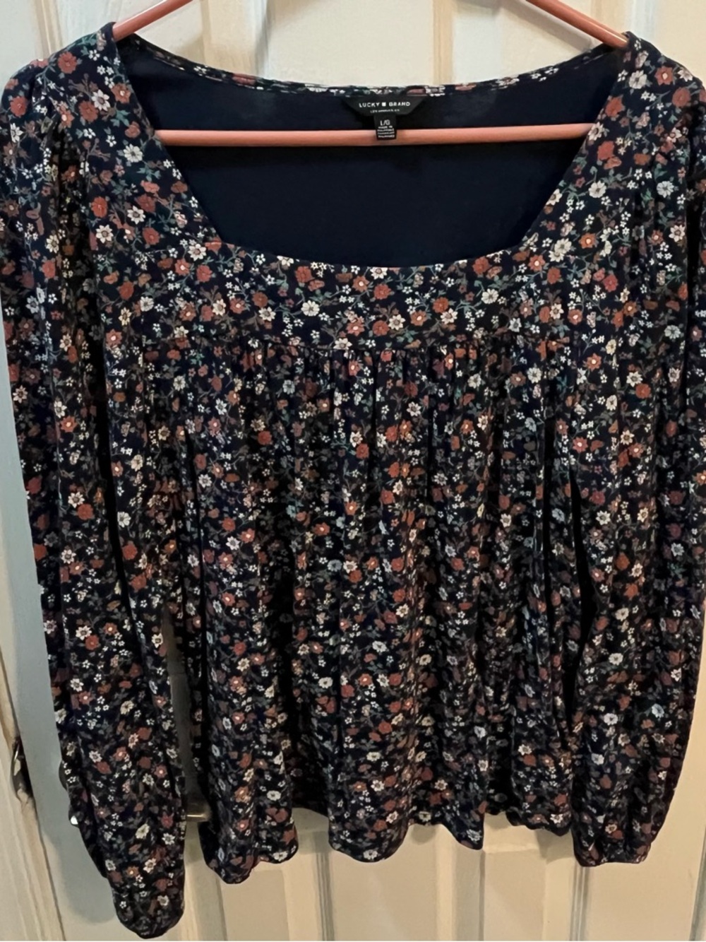 Lucky Brand Navy Floral Square Neck Boho Peasant long sleeve Pullover Size Large
